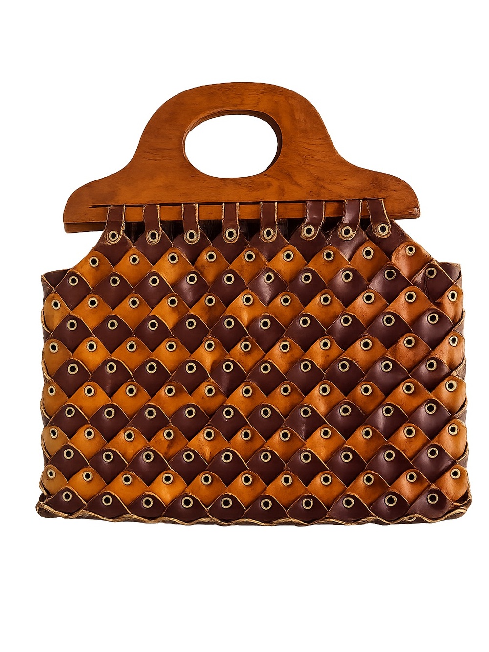 Vintage Handmade Leather & Wood Weave Statement Handbag